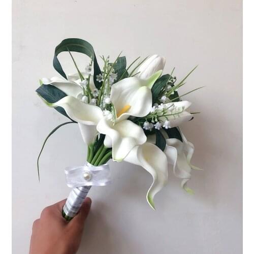 Bridal Bouquet Fleur Artificielle Real Touch PU White Calla Lily Bridesmaid Flower Girl Marriage Deco Small Wedding Bouquet
