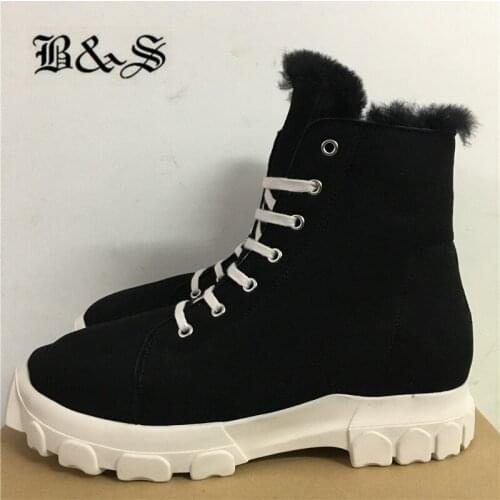 Black& Street Winter Real Fur inner genuine Leather warm Boots trainer lace Up platform unisex Boots