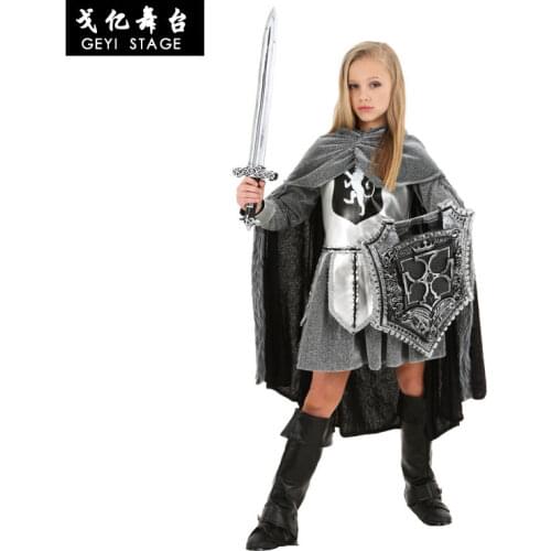 Child Kids Robes Swordwomen Costume for Girls Medieval Warrior Knight Costumes Fancy Dress Halloween Purim Carnival Party