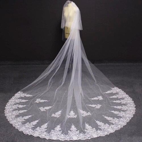 New 4 Meters 2 Layers Long Lace Wedding Veil with Blusher High Quality White Ivory Tulle Bridal Veil Voile Mariage Rouge