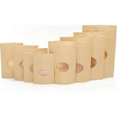 Hot 50pcs/lot Brown Zipper Kraft Paper Bags Oval Standup Gift Packaging Bags Coffee/Food/Candy/Party/Wedding Gift Ziplock Bags