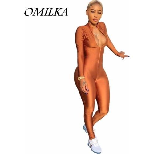 OMILKA 2018 Spring Women Long Sleeve V Neck Front Zipper Bodycon Rompers and Jumpsuits Sexy Shiny Night Club Party Overalls