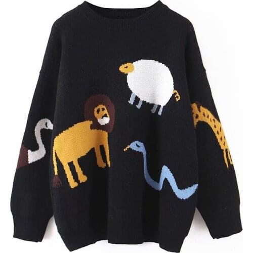 Lovely Animal Jacquard Age-Reducing Loose Versatile Pullover Knitted Sweater Womens Clothing