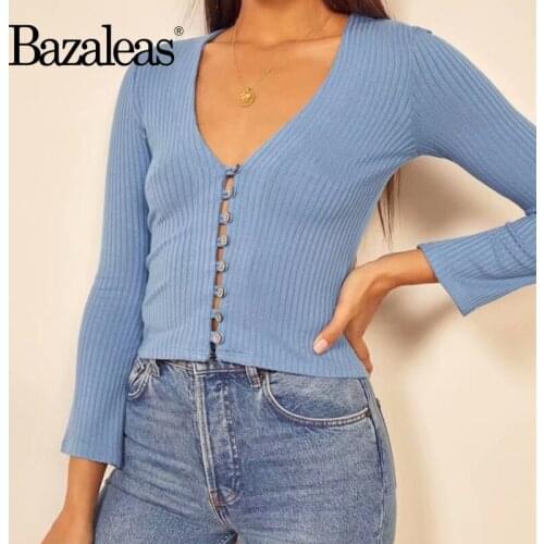 Bazaleas Fashion V Neck Womens Sweater Streetwear Knitted Cardigan Pull Femme Clothes Slim Kardigan