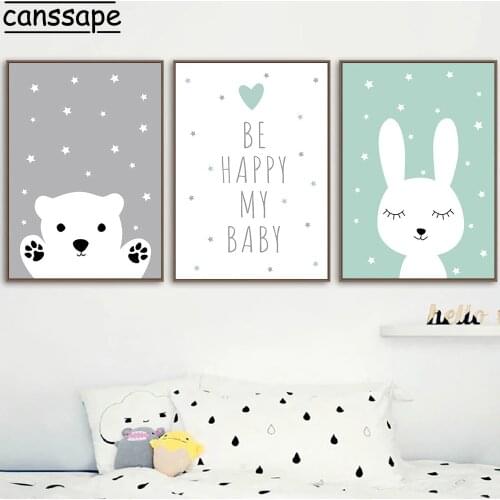 Nursery Wall Art Canvas Painting Bear Prints Rabbit Posters Star Print Nordic Wall Pictures Baby Kids Bedroom Home Decoration