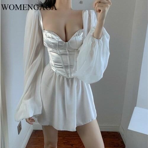 WOMENGAGA 2020 Autumn Winter New French Low-cut Waist Temperament Lantern Sleeve Perspective Sexy Mini Sexy Dress 7FJU