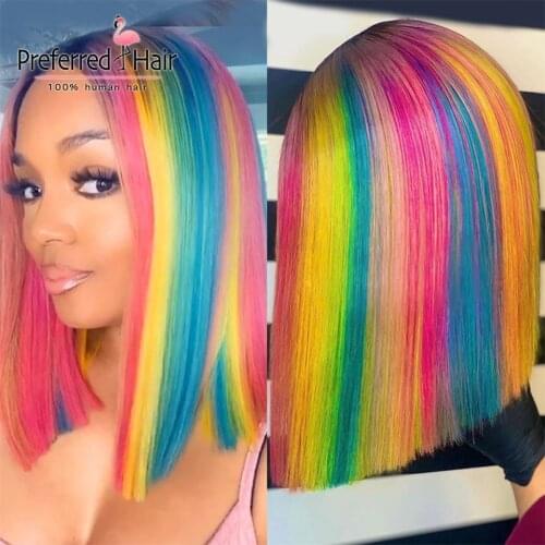 Preferred Rainbow Bob Wig Pre Plucked Iridescent Lace Front Human Hair Wigs Brazilian Remy Colorful Huamn Hair Wigs for Women