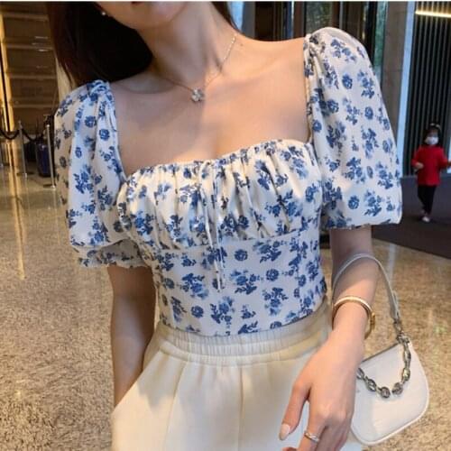 Sexy Off Shoulders Floral Ruffles Chiffon Shirts Slim Folds Square Collar Pleated Blouse Elastic Puff Sleeve Lace Up Tops Blusas