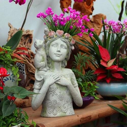 Simple Modern Resin Rose Cat Girl Flowerpot Ornaments Outdoor Garden Succulent Plant Figurines Decoration Courtyard Crafts Art