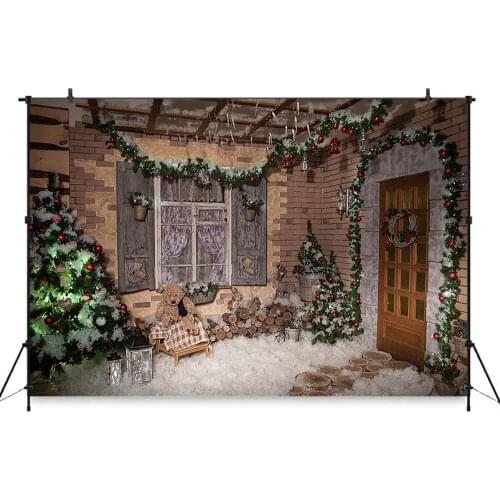 Christmas Wood wall Backdrop Christmas Tree Wreath Photography Backdrops Bear Snow Scenes Parrty Background Photobooth