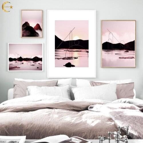 Pink Sun Mountain River Cloud Canvas Painting Nordic Wall Art Posters and Prints Landscape Wall Pictures Living Room Decoration