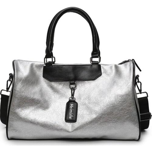 Silver Sports Bag Lady Luggage Bag In Travel Bags with Tag Duffel Gym Bag Leather Women Yoga Fitness Sac De Sport Big Capacity