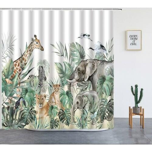 Elephant Giraffe Lion Zebra Shower Curtains Animal Tropical Green Plant Palm Tree Leaves Bathroom Decor Bathtub Screen With Hook