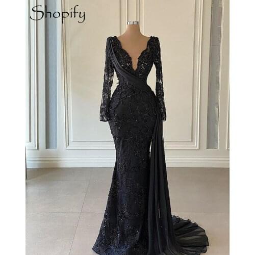 Long Sleeve Evening Dress 2021 Mermaid V-neck Luxury Pearls Embroidery Arabic Style African Women Black Formal Gowns