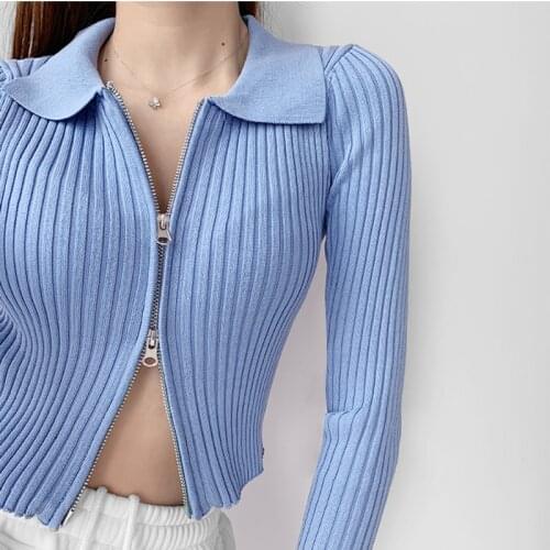 TVVOVVIN Fashion Double-ended Zipper Slim Short Knitting Cardigan Korean Solid Color Lapel Long Sleeves Crew Thread Tops Bbx2