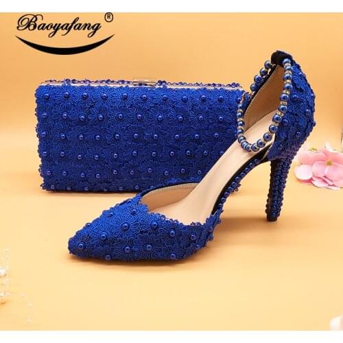 Royal Blue Flower wedding shoes with matching bags High heels Pointed Toe Ankle Strap Ladies Party shoe and bag set Pearl Shoe
