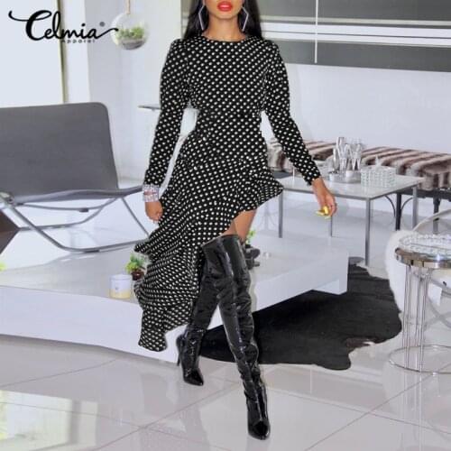Celmia Bohemian Dot Printed Dress Womens Puff Sleeve Dresses 2021 Autumn Belted Asymmetrical Ruffles Party Vestidos Robe Femme