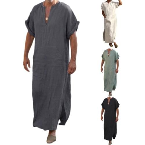 Plus Size S-5XL Mens Muslim Robe V-neck Casual Soild Cotton/Linen Pockets Loose Long Sleeve Vintage Arab Ethnic Islamic Dress