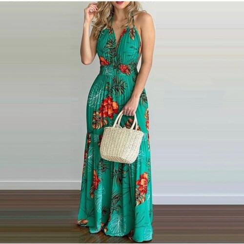 Summer Dress Womens Fashion Sexy Backless Boho Casual Print V-neck Halter Beach Party Maxi Dresses For Women Robe Femme