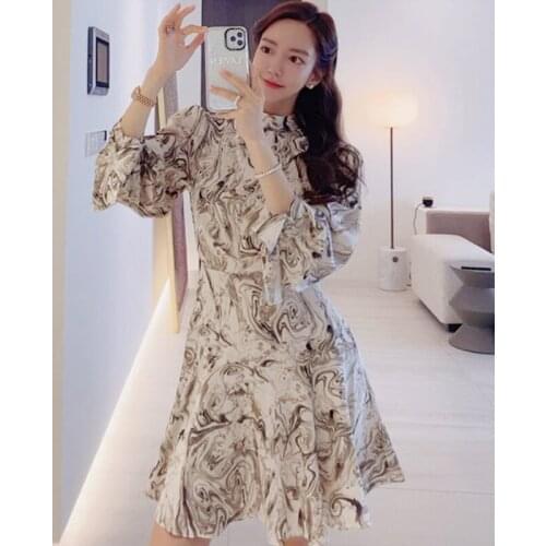 Fashion Autumn Women Vintage Stand Neck Lantern Sleeve Midi Party Club Dress Elegant Casual Streetwear Floral Female Beach Dress