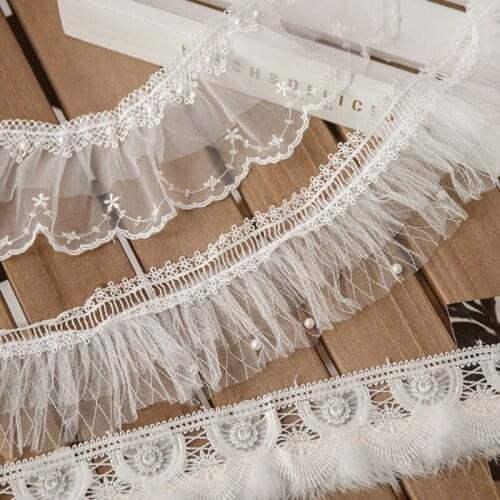 L93F 1 Yard Pleated Mesh Lace Ruffle Trim Ribbon Pearl Beaded DIY Sewing Applique