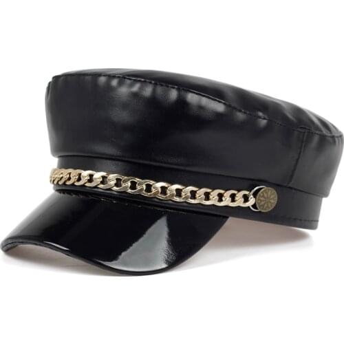 2019high quality autumn and winter leather beret fashion new chain cap outdoor windproof hat ladies wild casual hats