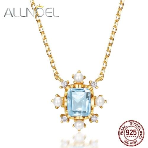 ALLNOEL Solid 925 Sterling Silver Pendant Necklace 100% Natural Sky Blue Topaz Handmade Pearl Zircon Chain For Women Engagement