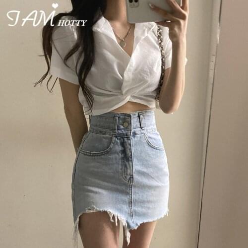 Korean Style White Solid Turn-down Collar Shirt Women Twist Button-up Short Sleeve Casual Basic Crop Top Tee Office Top Iamhotty