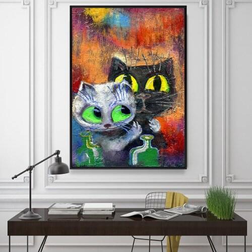 Black And White Cat Bookworm Artwork Art Prints Trend Canvas Poster Luck Painting Motivation Wall Pictures for Living Room