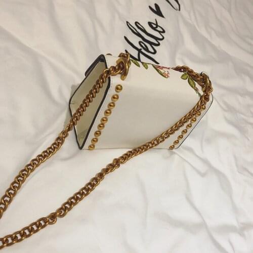 Floral Pu Embroidery Vintage Leather Bag Women Party Rivet Beads Chain Shoulder Bags Small Flap Ladies Sling Crossbody Bag White