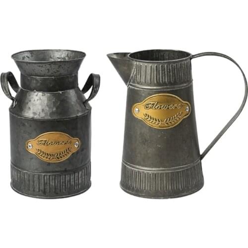 Farmhouse Rustic Jug Vase Iron Shabby Planter Flower Pot Bucket Rural Decoration