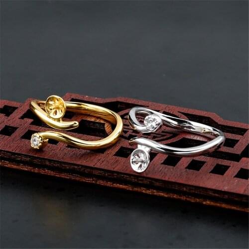 Ring Blank for 6mm-8mm Round Beads or Pearls Gold Plated 925 Silver Zircon Ring Setting Adjustable Ring Base JZ0093