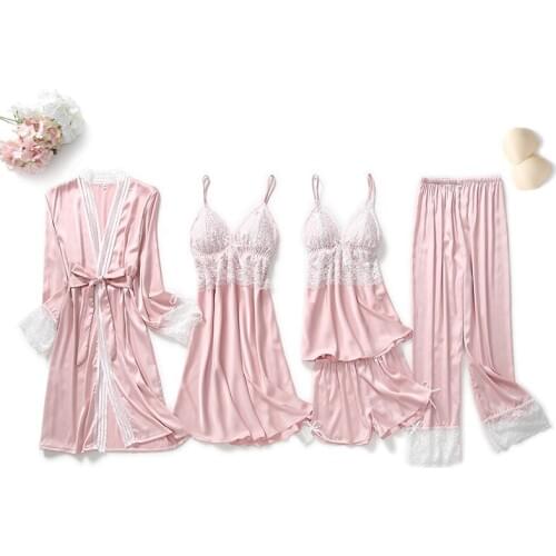 Lace Patchwork Satin 5PCS Kimono Robe Gown Set Sexy V-Neck Strap Top&Pant Sleepwear With Bra Summer Nightwear