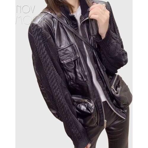 Novmoop Autumn winter black plus size knitted sweater sleeve spliced lambskin genuine leather jacket coat veste femme LT2905