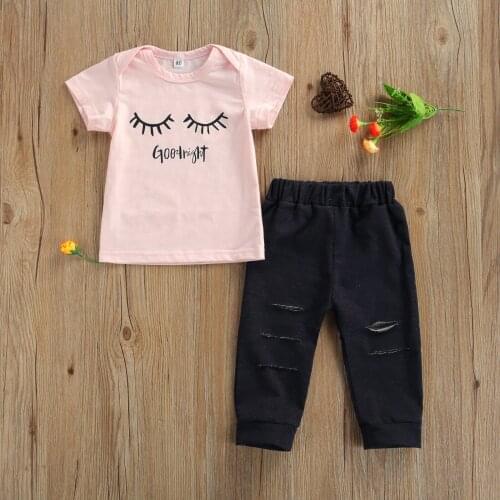 Summer Baby Fashion Casual Girls Clothes Set Letter Print Short Sleeve O-neck T-shirt + Solid Color Ripped Long Jeans