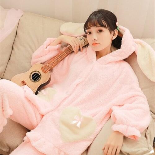 Cute Pajamas women autumn winter 2020 new two-piece elastic band single-breasted loose thick warm Coralline home service W20