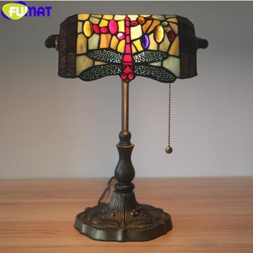 FUMAT Bank Table Lamp Tiffany Style Dragonfly Drawing Stained Glass Lampshade Alloy Frame Handcraft Arts Home Decor Desk Light