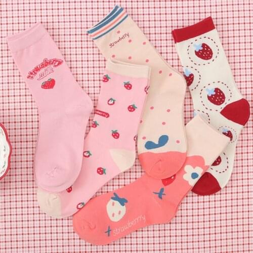 New Womens Socks Autumn and Winter Trendy Socks Strawberry Tube Cotton Womens Socks Harajuku College Style Casual Fresh Socks