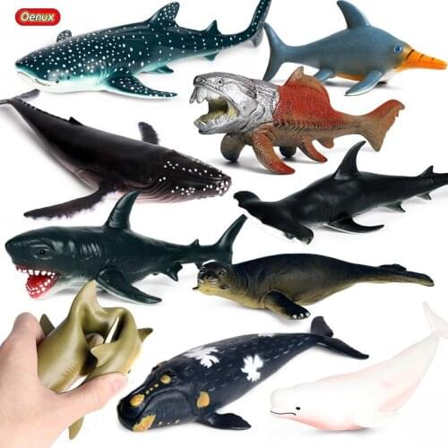 Oenux Soft Ocean Animals Whale Shark Megalodon Dunkleosteus Dolphin Action Figures Sea Life Model Educational Toy For Kids Gift
