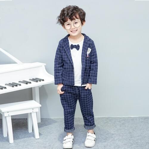 Autumn Kids Boys Suits Blazers 2019 New Baby Boys Plaid Coat Pants School Boys Suit Formal Wedding Wear Cotton Children Clothing