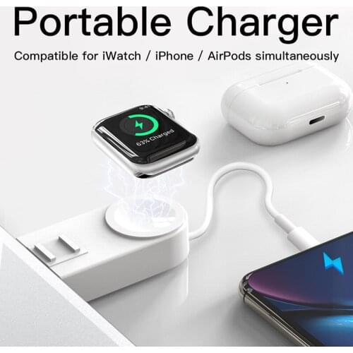 Portable 2 In 1 Wireless Charger For Apple Watch 6/SE/5/4/3 Magnetic USB Watch Charger Lightning Charging Cable