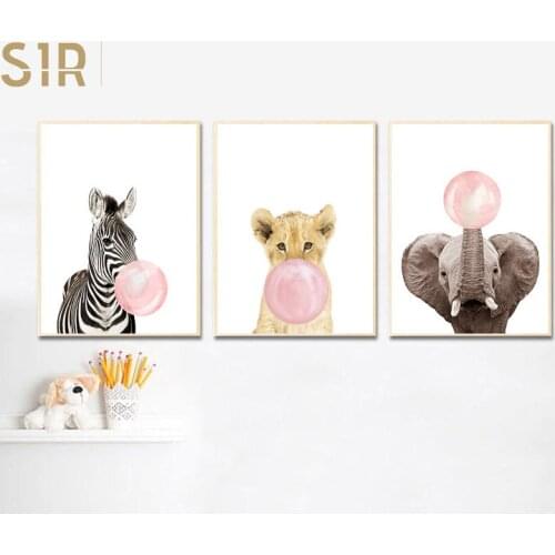 Pink Bubble Elephant Giraffe Child Poster Animal Wall Art Canvas Nursery Print Painting Nordic Kid Baby Room Decoration Picture