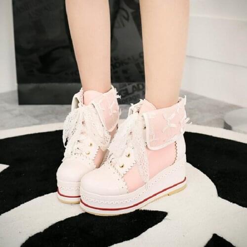 Sweet lolita shoes vintage round head thic bottom women shoes cute bowknot cross bandage kawaii shoes loli cosplay kawaii girl