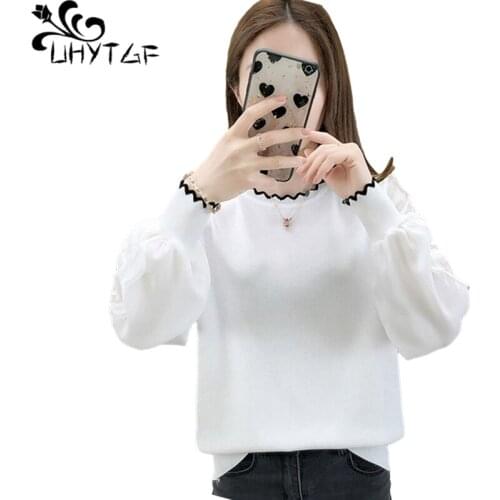 UHYTGF Spring Autumn T-Shirt Womens Fashion Ice Silk White Thin Tops Female Long Sleeve Pullover Elegant Ladies Clothes 1489