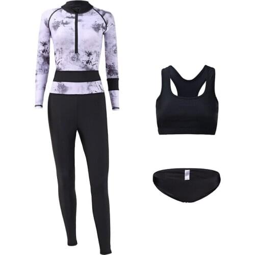 Womens Half Zip Long Sleeve Rash Guard One-piece Diveskin with Bikini Set 3pcs UPF 50 Sun Protection Swimsuit Activewear