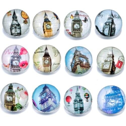 12pcs/lot Clock Tower Pattern Charms 18mm Glass Snap Button For DIY Charms Bracelet 18mm Snaps Jewelry KZ0130