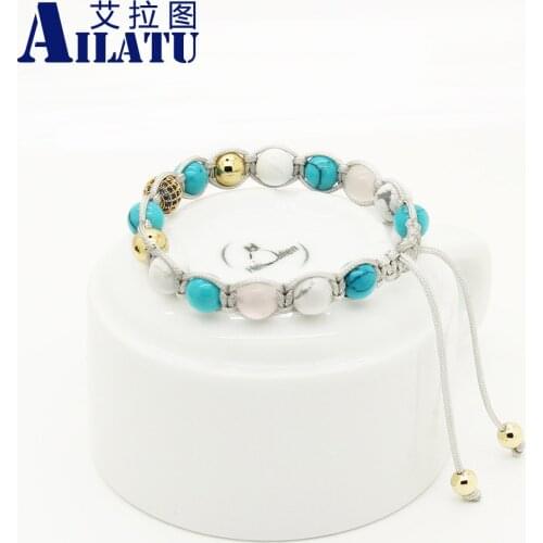 Ailatu Autumn Micro Paved Blue CZ Ball Braided Bracelet White Howlite Marble Stone Beads