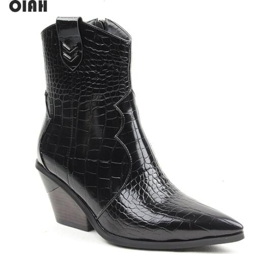 Women Ankle Boots Chunky Heel Zip Shoes Comfortable Female Pointed Toe Shoes Retro Spring Stone Pattern PU Leather Dropshipping