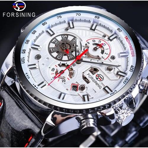 Forsining Luxury Male Mechanical Watch White Big Case 6 Hands Calendar Genuine High Quality Leather Belt Automatic Clock Relogio