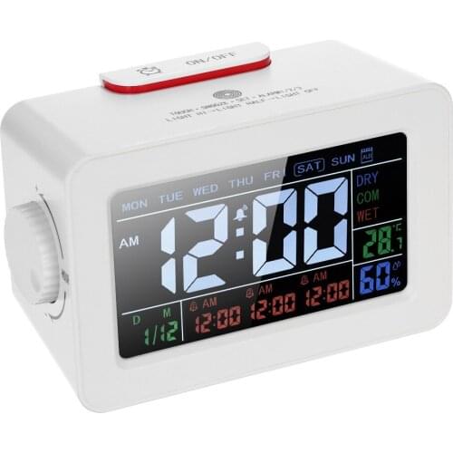 LCD Digital Thermometer Hygrometer Clock Temperature Humidity Meter 3 Alarm Clocks Snooze Backlight Color Screen Display